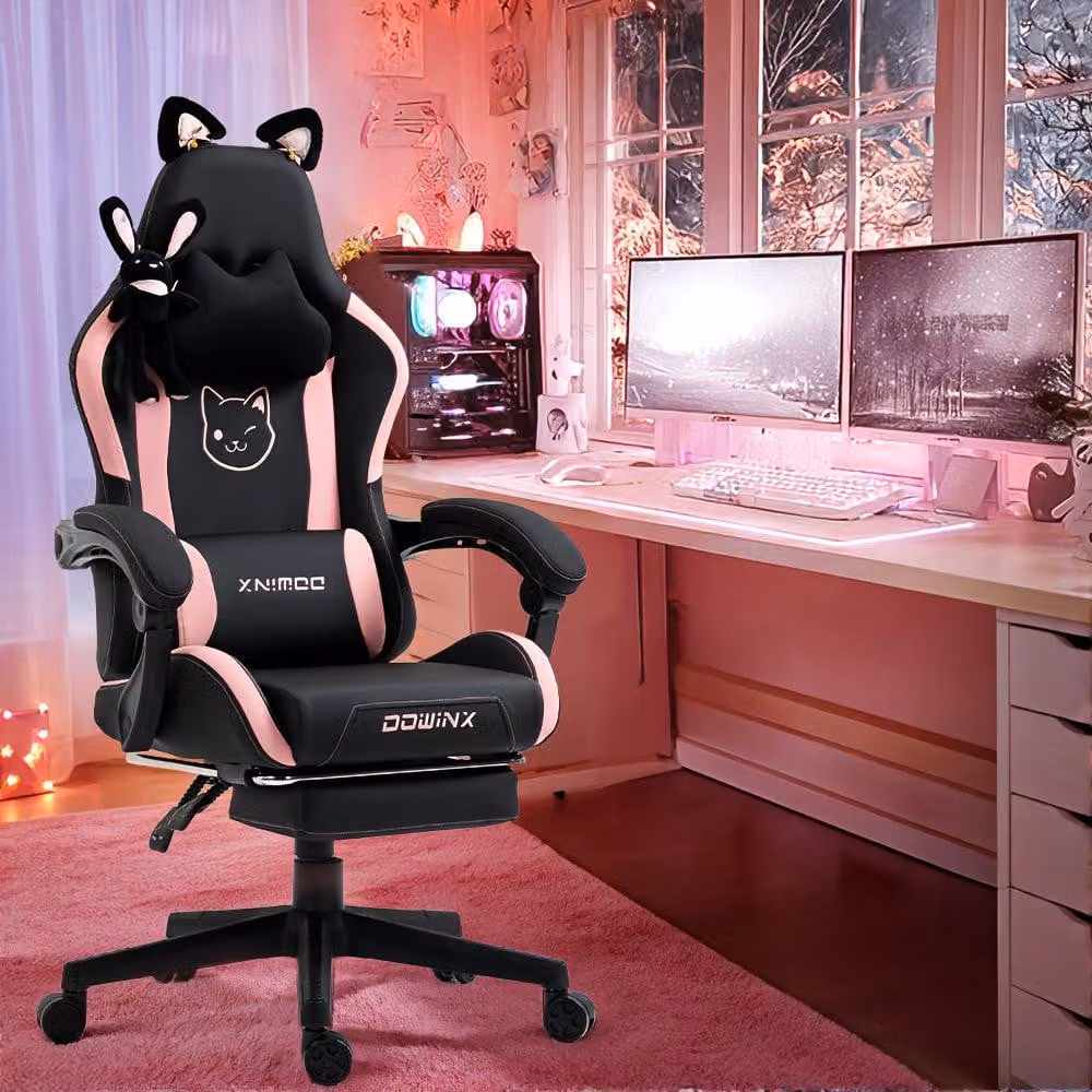 Sedia da gaming rosa - Sedia da ufficio - Sedia per gamer - Design kawaii - Ergonomica - Poggiapiedi regolabile - Peso massimo supportato: 136 kg