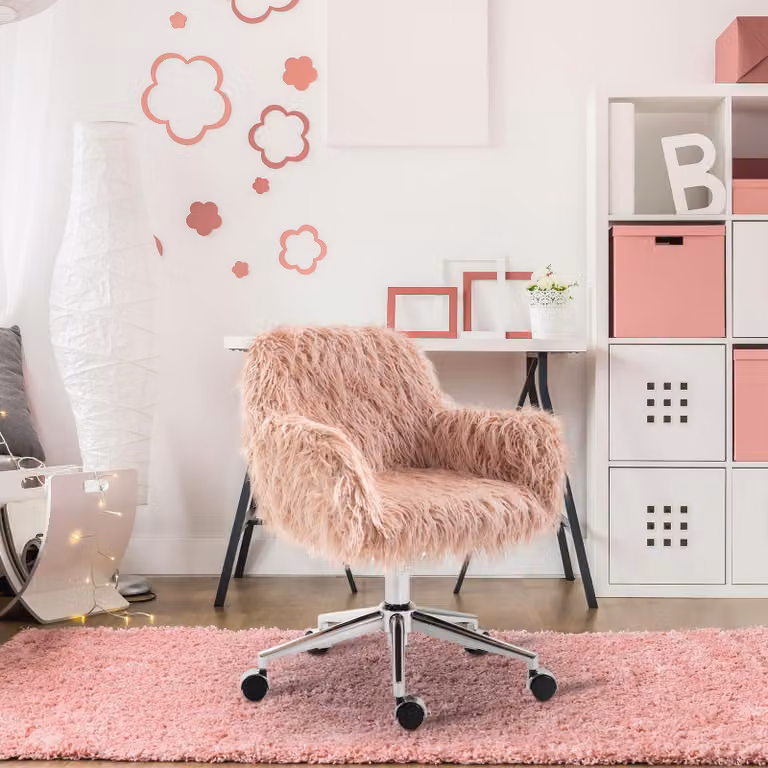sedia da ufficio girevole da donna okwish con base in metallo argentato, sedia da scrivania regolabile in altezza sedia da parrucchiere con schienale e braccioli, rosa+argento