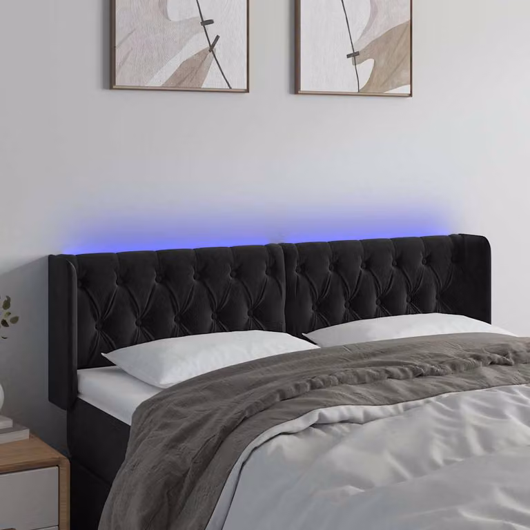 Testiera per letto vidaXL in velluto nero con illuminazione LED integrata e porta di ricarica USB, L 147 x P 16 x H 78/88 cm