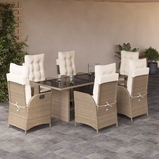 Set da Pranzo da Giardino 7 pz con Cuscini Beige in Polyrattan 3213124