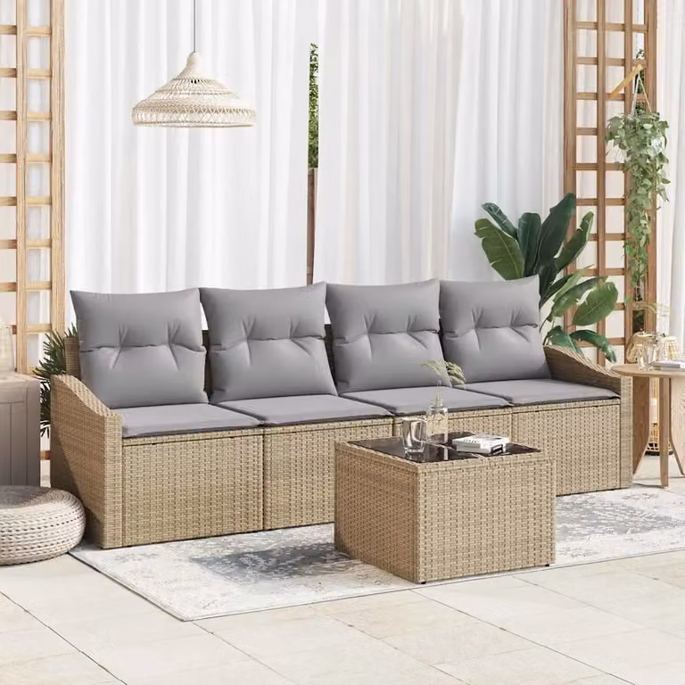 Set di divani da giardino vidaXL 5 pezzi in rattan con cuscini beige e grigio