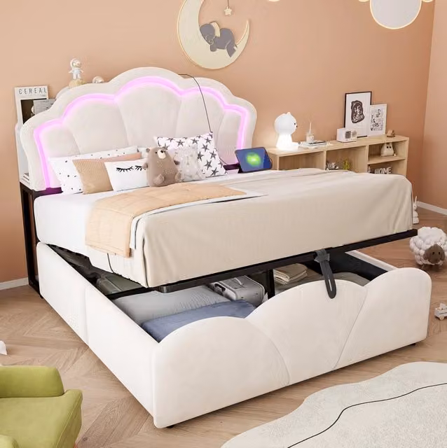 Letto matrimoniale contenitore 140x200 cm in velluto beige con LED e prese integrate HAVRYA