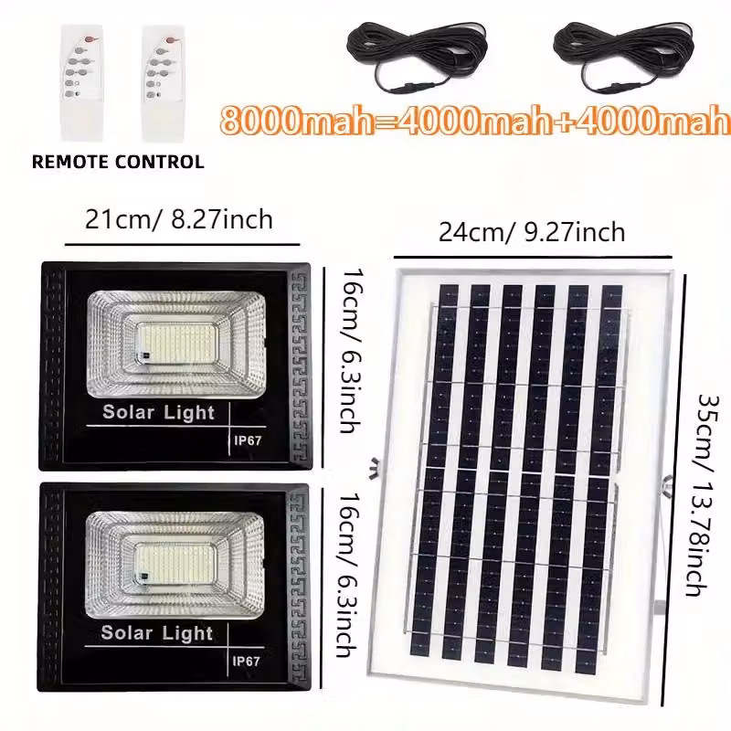 Lampada solare a LED - Apparecchio a due luci da parete - Batteria al litio da 8000 mAh - Con funzione di regolazione dell'intensità luminosa - Grado di protezione IP65 (resistente all'acqua) - Lunghezza del cavo: 5 metri - Adatta per l'uso in giardino