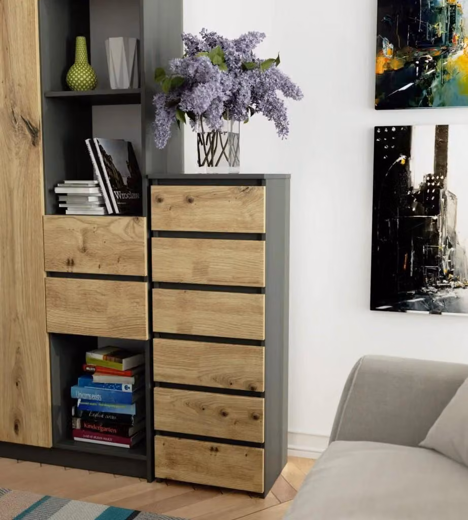 Cassettiera stretta VALESTRA - grigio scuro / rovere artisan