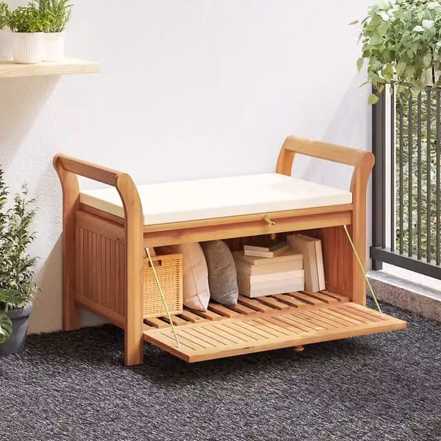 Panca Portaoggetti Giardino Cuscino-Sgabello-Panca con Contenitore 91 cm Legno Massello Acacia 609096