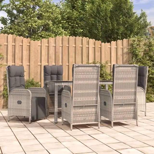 Set da Pranzo da Giardino vidaXL in Polyrattan e Legno di Acacia Grigio, 7 Pezzi – 1