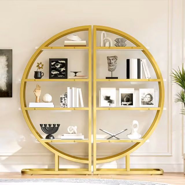 Libreria ad arco dorata in acciaio e MDF; 4 ripiani bianchi; modulare per soggiorno e cucina; 120 x 30 x 130 cm