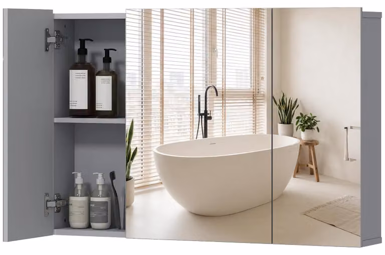 Specchio da bagno con mobile contenitore - Mobiletto a muro con specchio - 3 ante con sistema di chiusura ammortizzata - Ripiani interni regolabili - Struttura in legno - Colore: grigio - Dimensioni: 90 x 15 x 60 cm