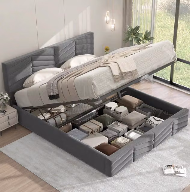 Letto matrimoniale 140x200 cm con contenitore idraulico in velluto grigio