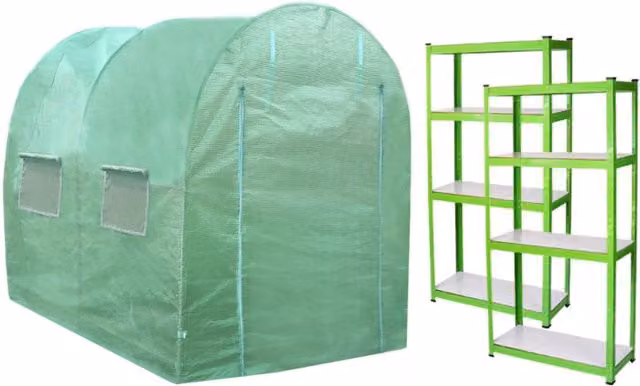 Serra da Giardino a Tunnel da Esterno in Polietilene Resistente alla Corrosione e Raggi UV Telaio in Ferro Galvanizzato per Piante Giardinaggio - 25mm - 3m x 2m & Scaffali