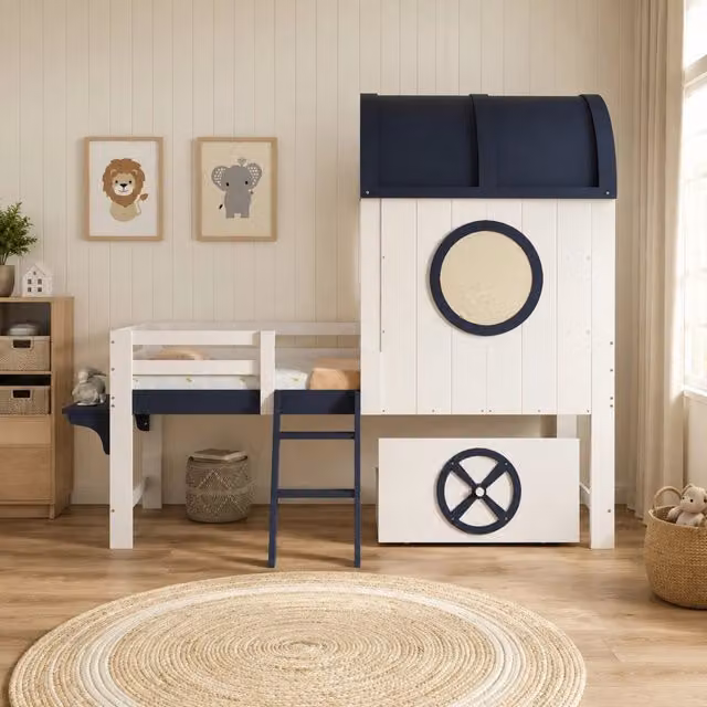 Letto a castello semi alto per bambini 90x200 cm con tetto; finestre e cassetto con ruote; bianco e blu scuro