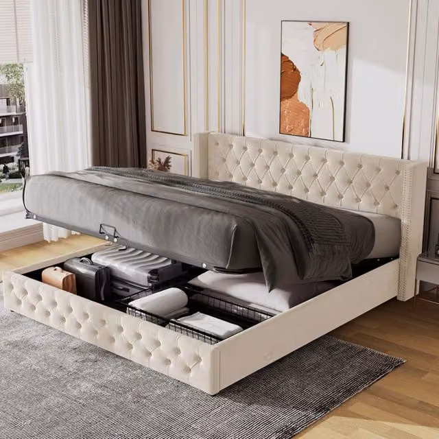 letto imbottito in velluto beige 140 x 190 cm