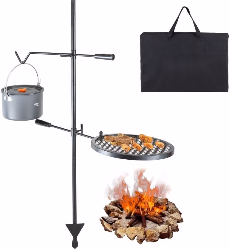 Griglia a spiedo girevole in acciaio - 360 x 360 mm, griglia a carbone con doppio strato, griglia e portagriglia - Capacità di carico 6 kg, temperatura massima 300 ℃ - Griglia a spiedo indipendente per barbecue, carrello per barbecue, barbecue all'aperto.