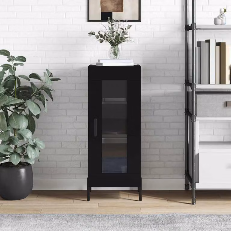Credenza nera vidaXL in legno e metallo con vetro, sospesa a parete, L/P/H: 34,5 x 34 x 90 cm