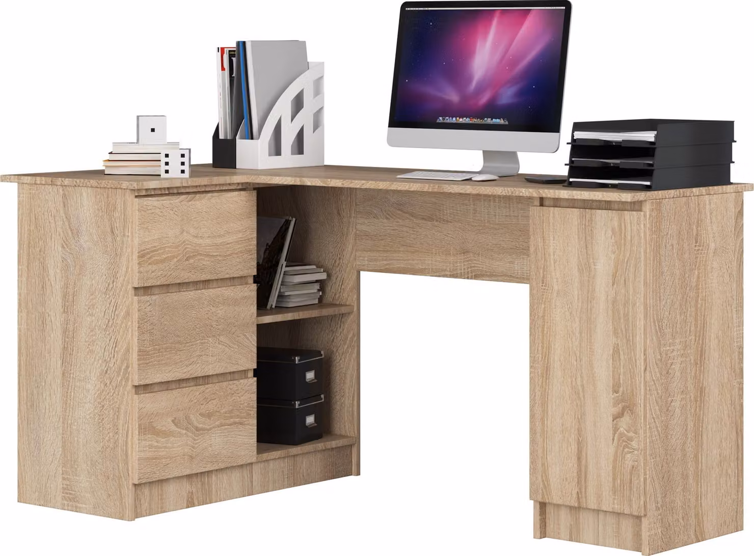 Scrivania ad angolo AKORD B20 sinistra in rovere Sonoma con 4 ripiani L155 x H77 x P85 cm