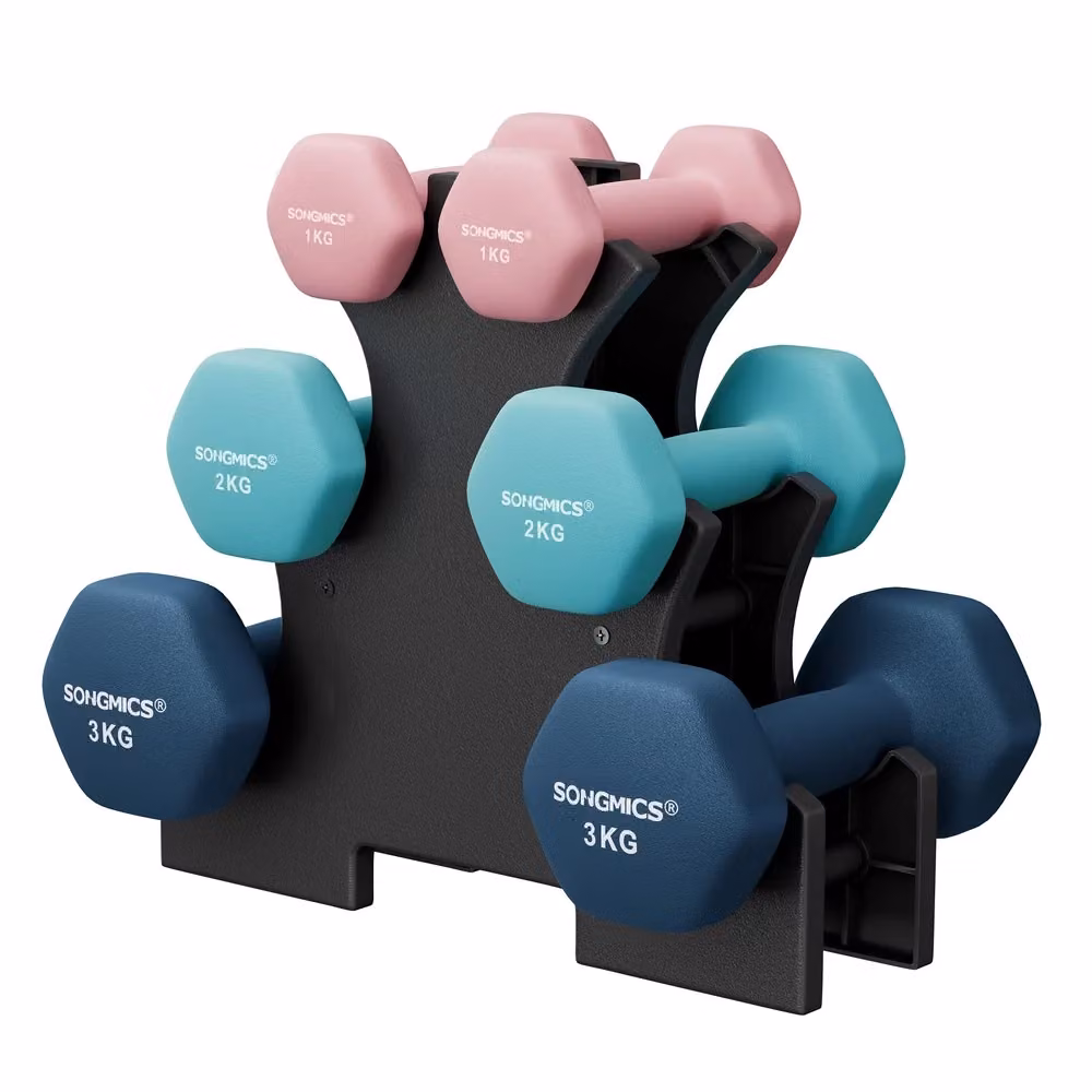 Set di Manubri con Supporto, Rosa + Blu Chiaro + Blu Scuro