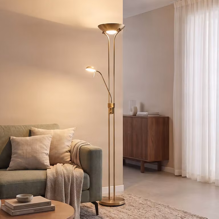 Lampada da terra con luce lettura Josefin Lindby, dimmerabile, Bronzo / Ottone antico, Soggiorno / Sala da pranzo, Metallo, Moderno, Lampada da terra