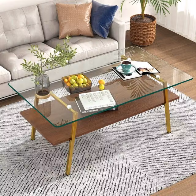 Tavolino da Salotto Rettangolare in Vetro Temperato con Gambe in Metallo, Oro e Marrone, 98x58x42,5 cm