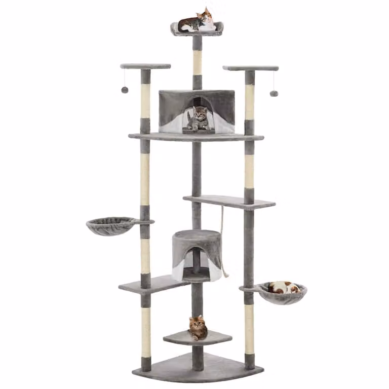 vidaXL Albero per Gatti in Sisal con Cave e Giocattoli Integrati, Altezza: 203 cm, Grigio e Bianco