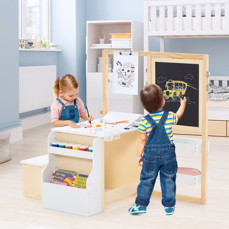 Set tavolo e panca per bambini Costway in legno bianco con cavalletto artistico regolabile L: 114 cm, P: 81 cm, H: 100 cm
