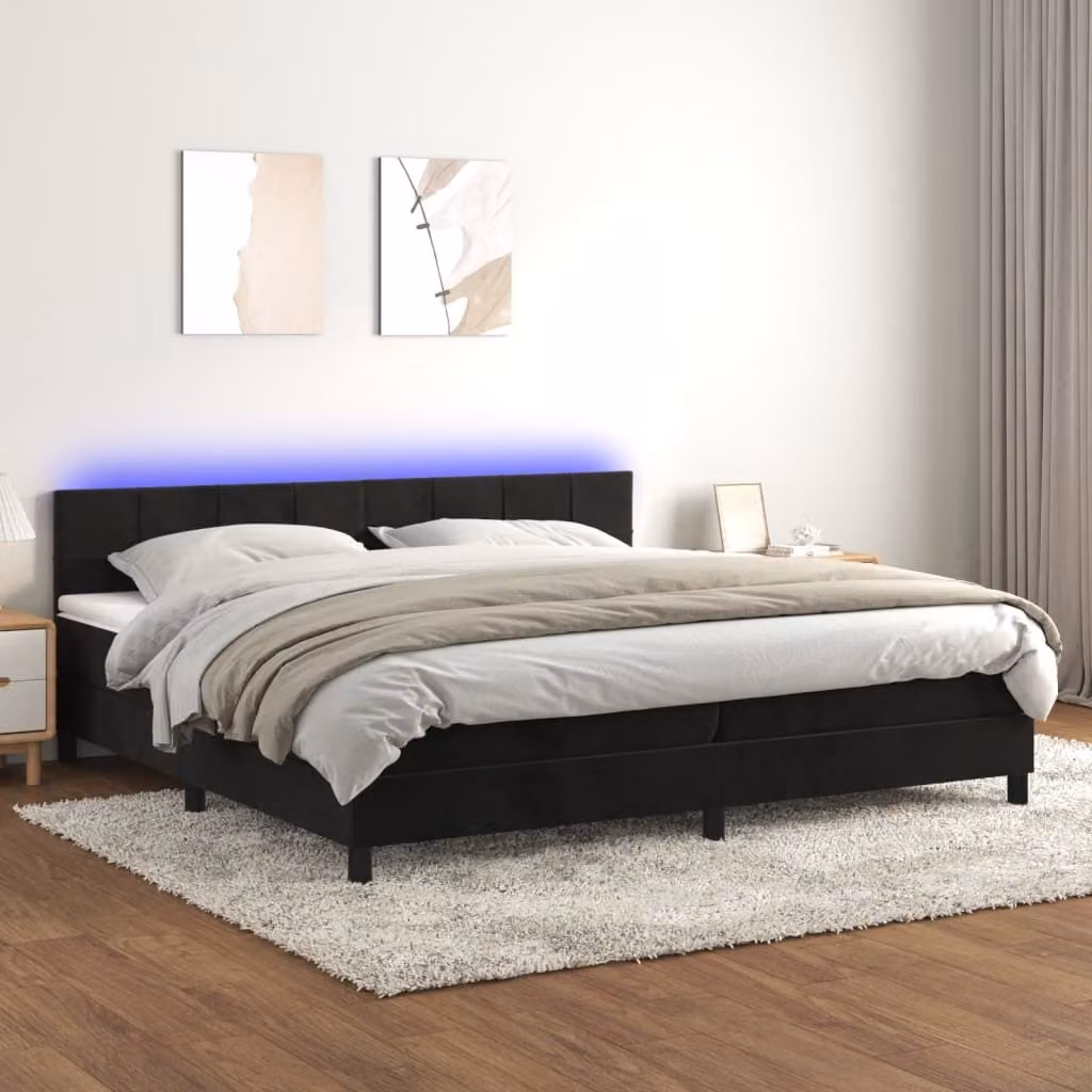 The Living Store Letto a molle con materasso e LED nero 200x200 cm in velluto