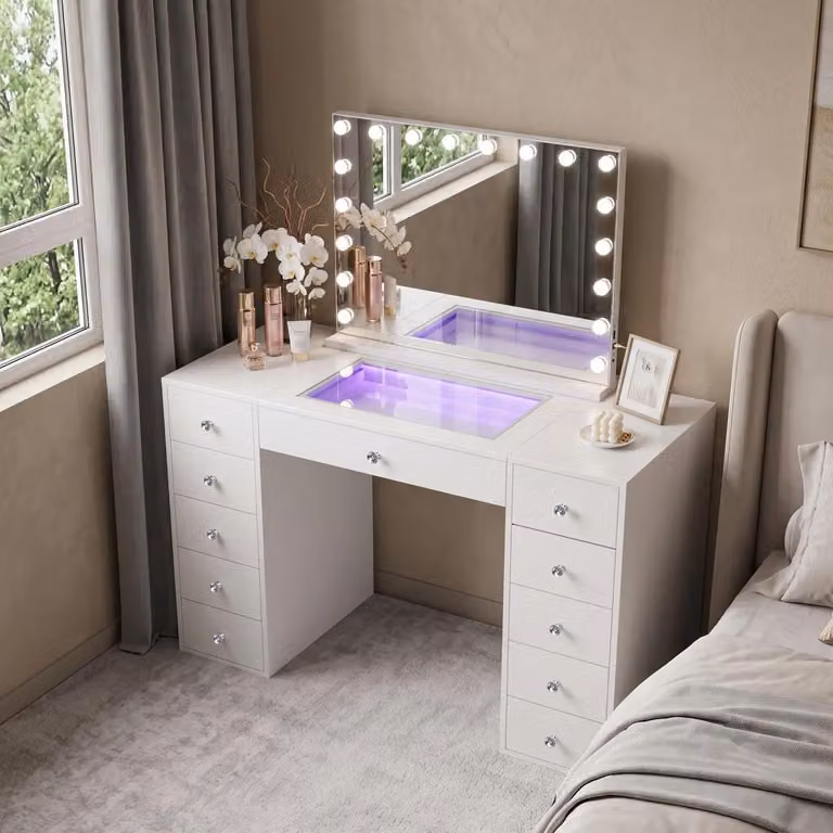 Tavolino da trucco VANITII con specchio, illuminazione LED RGB, 11 cassetti, colore bianco, dimensioni 130 x 55 x 139 cm