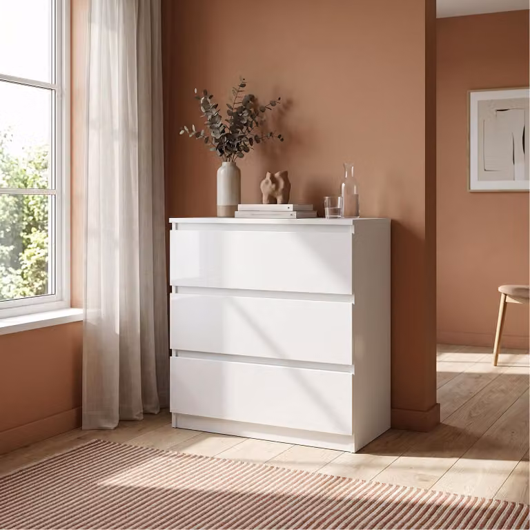 Comodà Masseno NUDO da 70 cm con 3 cassetti e ante, per soggiorno e camera da letto, stile moderno, 70x39x78,5 cm, bianco / bianco