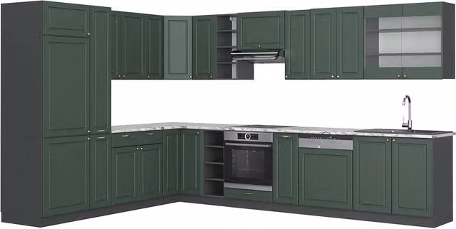 Cucina angolare completa Fame-Line Verde-oro rustico/Antracite 347 x 257 cm, PL Marmo Vicco