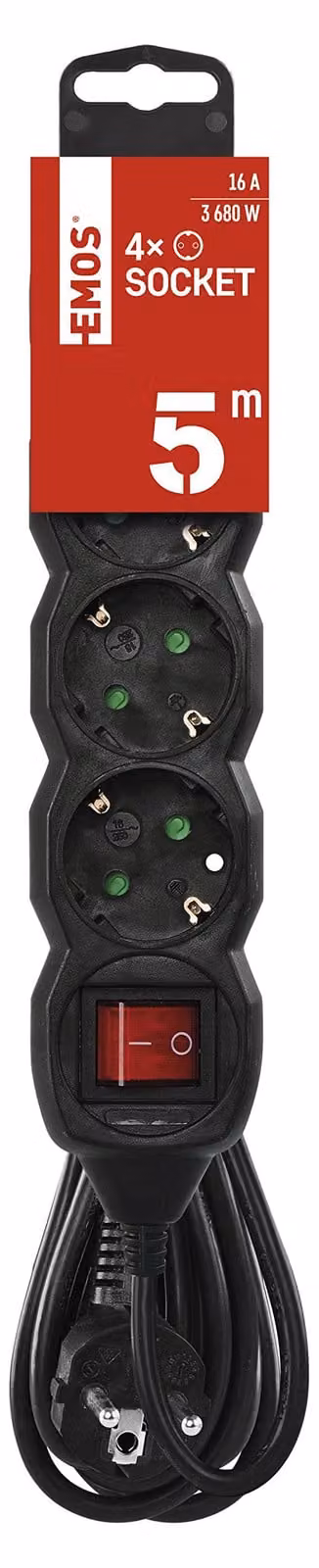 Presa EMOS a 4 vie con interruttore, 5 m di cavo 1,5 mm, nero, prese ruotate di 45°, Schuko con protezione tattile avanzata, per uso interno, PC1425R