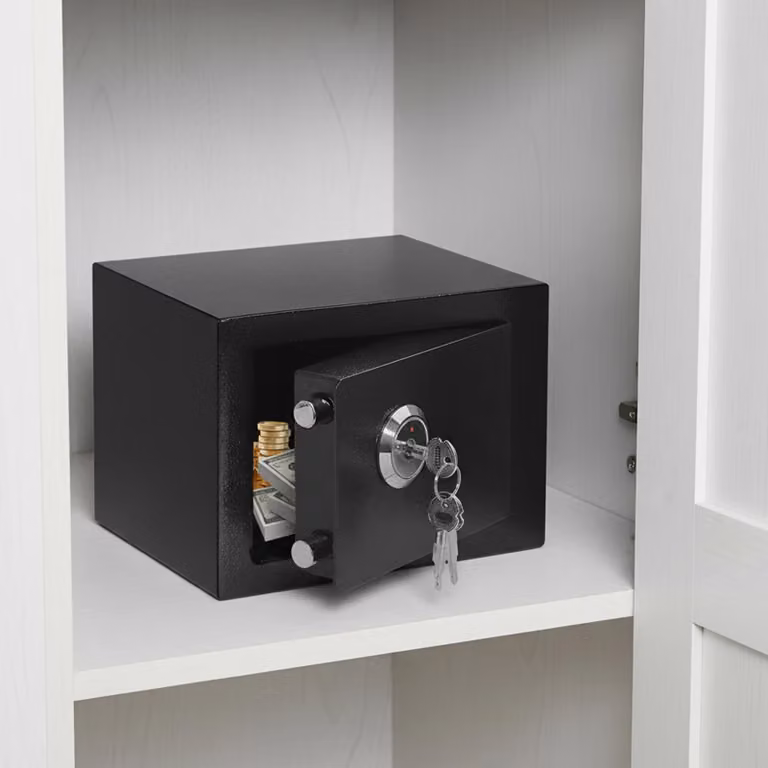 Cassaforte da parete - Cassetta di sicurezza - Volume 4,6 l - Con 3 chiavi - Compatta 23 cm - Per contanti, gioielli, documenti - Per casa, ufficio, hotel - Nera