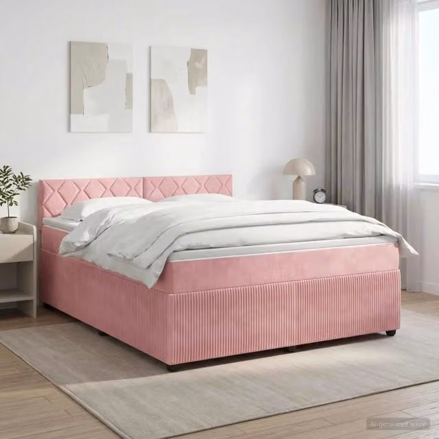 Letto box spring con materasso ibrido vidaXL in velluto rosa e bianco L/P: 160 x 200 cm