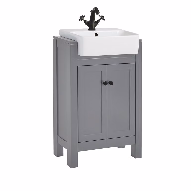 Mobile Bagno Grigio Chiaro da 550mm con Lavabo e Maniglie Classiche Rotonde Nere - Warwick