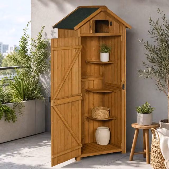 Armadio da giardino ULEVR 77x54,2x179 cm in legno con 3 ripiani removibili, finestra e tetto impermeabile