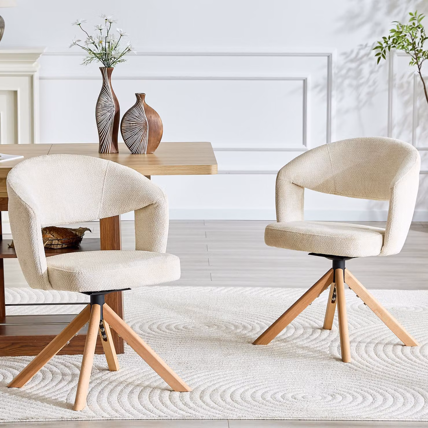 Set di 2 sedie da pranzo, schienale alto, girevoli a 360°, rivestite in velluto, gambe in legno massello (bianco, legno)