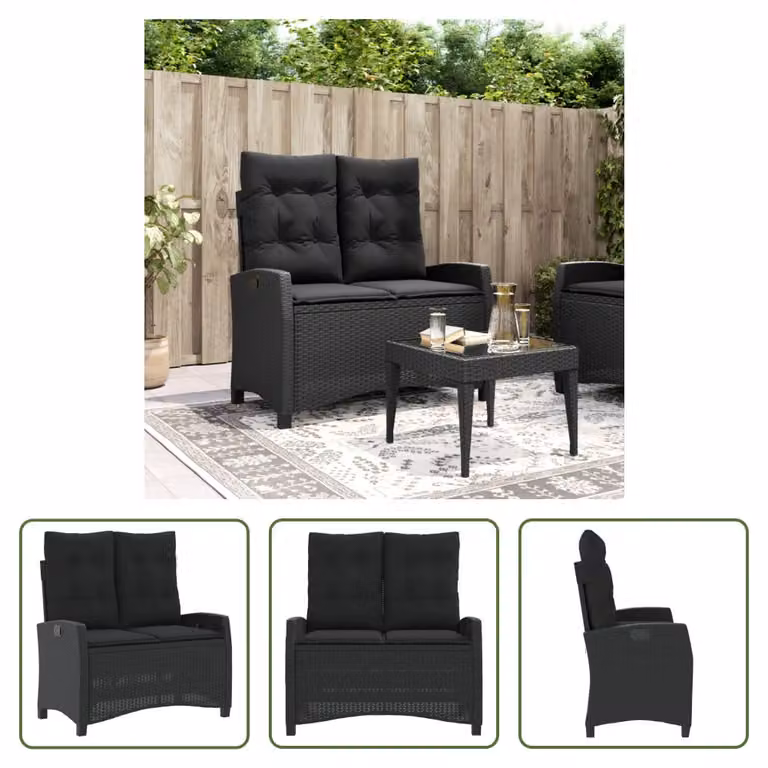 The Living Store Panca da giardino regolabile con cuscini in poly rattan nero