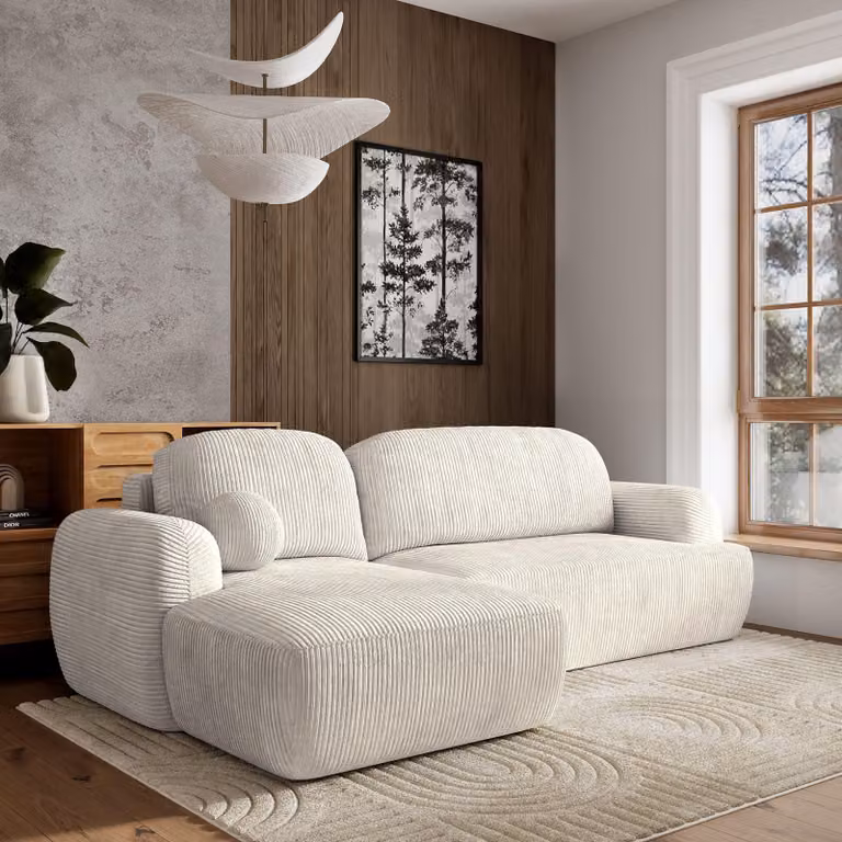 Divano angolare Masseno MODENZA P L-S con funzione letto a L, divano con box letto, divano da soggiorno, divano, divano letto, set di divani - crema, POSO 100