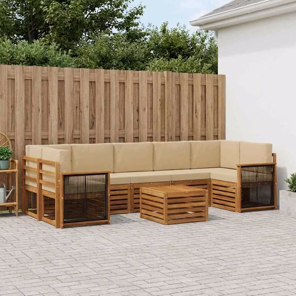 Set di divani da esterno vidaXL a forma di U in legno di acacia con tavolo da caffè, 8 pezzi, Beige e Sabbia