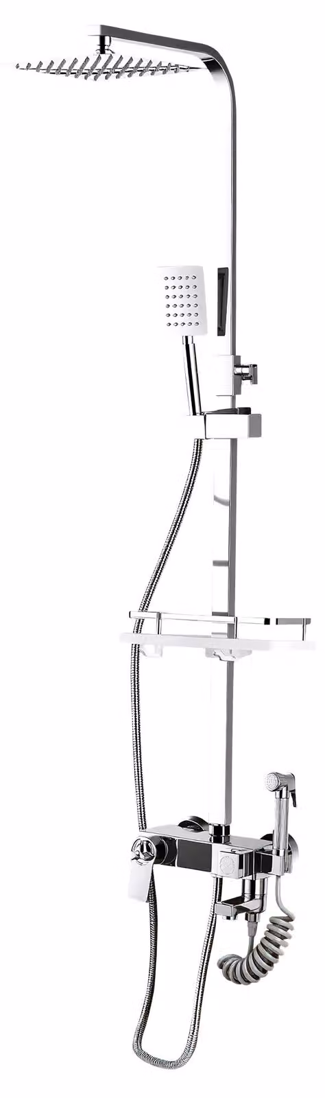 Sistema doccia UnboxG cromato con display digitale della temperatura, soffione a pioggia, doccetta manuale, getto per bidet, 4 tipi di getto, ripiano e barra doccia regolabile in altezza