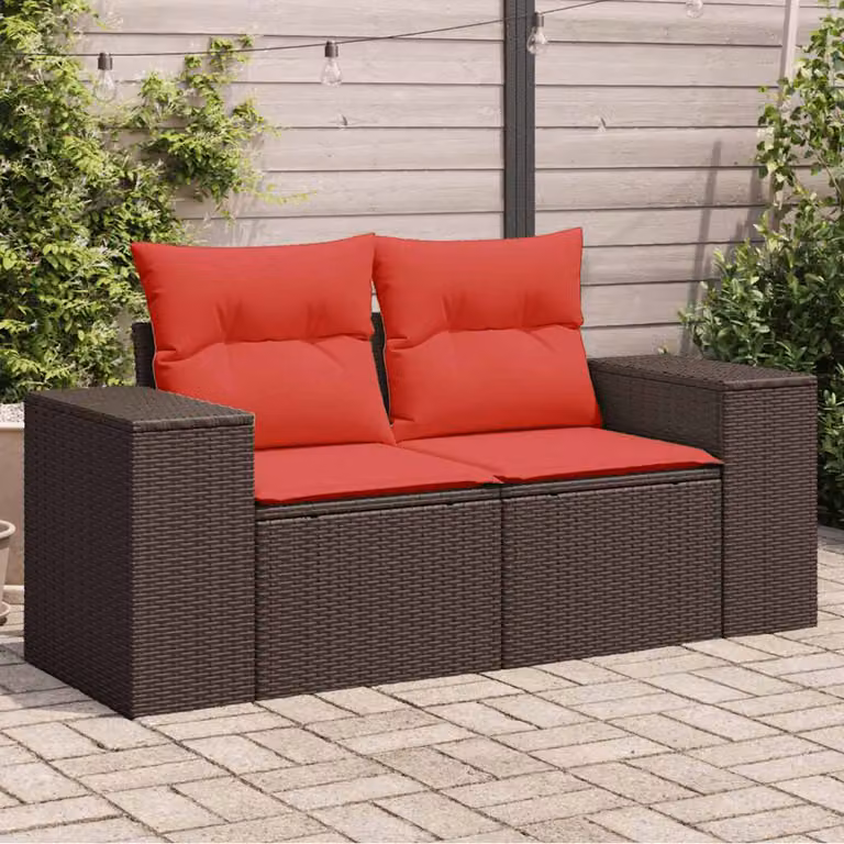vidaXL Divano da giardino a 2 posti in polyrattan marrone con cuscini imbottiti e coperture rimovibili L: 186 cm, P: 69 cm, H: 62 cm