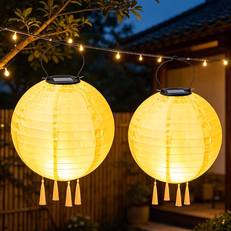 Set di 2 lanterne solari, 20 cm, resistenti alle intemperie, con frange, ideali per il giardino