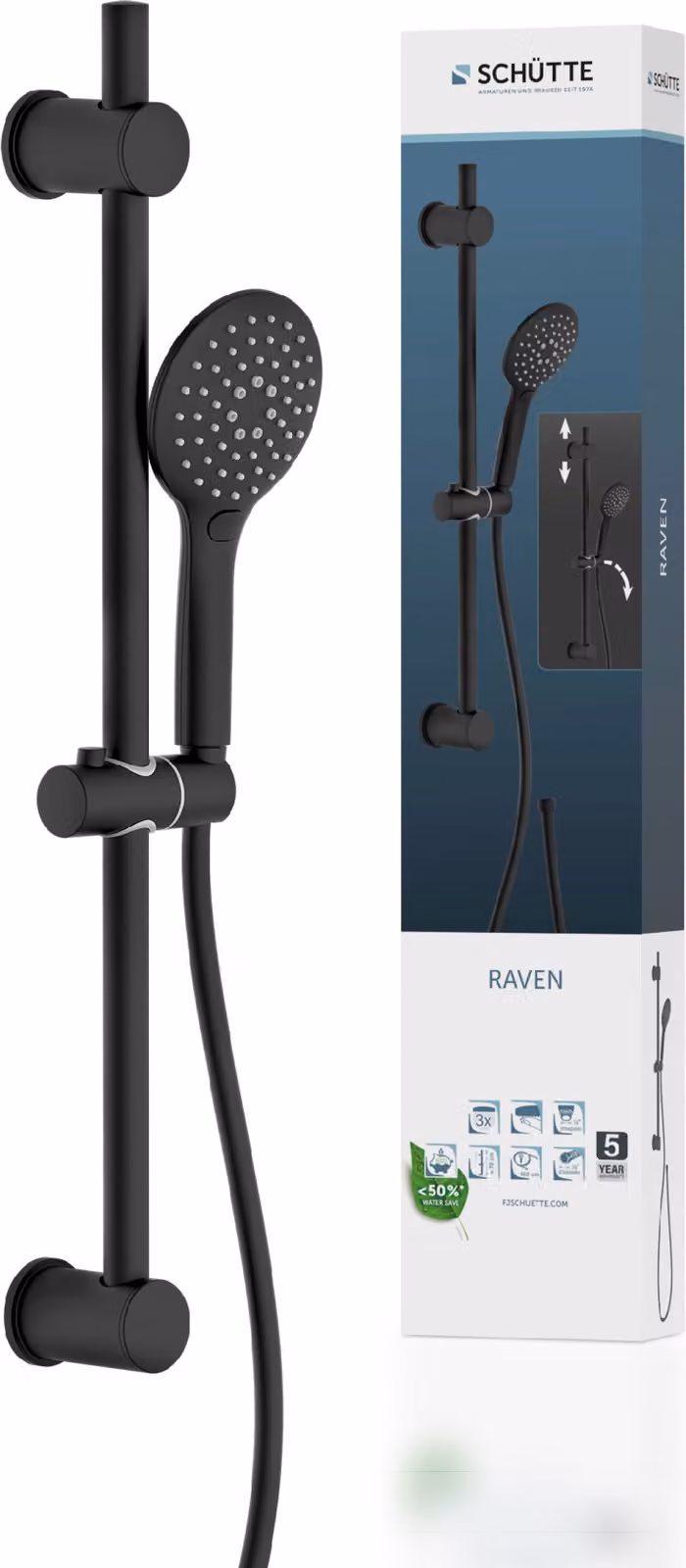 Set doccia SCHÜTTE RAVEN, soffione con flessibile e supporto, nero opaco
