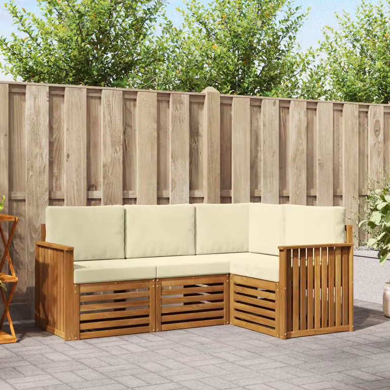 Set di divani da esterno vidaXL a forma di L composto da 4 pezzi in legno di acacia con cuscini beige e bianchi per giardino e terrazza