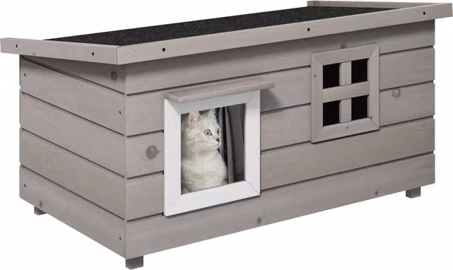 PawHut Casetta per Gatti Cuccia per Gatti con Tetto in Asfalto Gatto Casina per Gatti con Finestra per Gatti Cani Outdoor Resistente all'Inverno Legno di abete Grigio Nero 87 x 52 x 44 cm