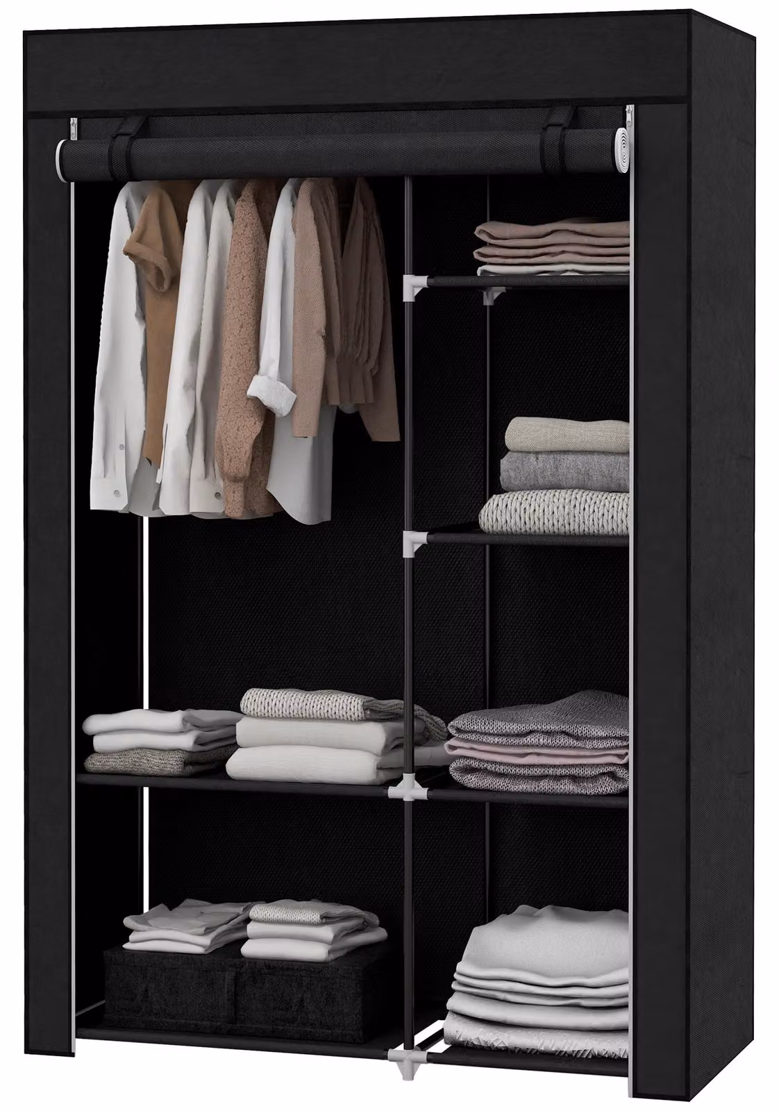 Armadio pieghevole in tessuto Moonbite, dimensioni 103 x 162,5 cm, con 1 barra appendiabiti e 6 scomparti, rivestito in tessuto non tessuto con cerniera, capacità di carico 45 kg, acciaio, colore nero