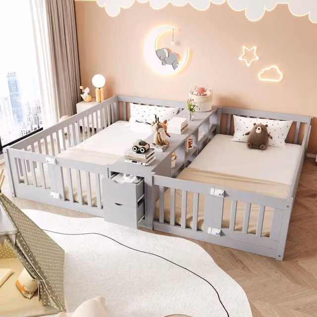 Letto doppio per bambini 90x200 cm in legno con sponde alte; cassetti e scaffale centrale; grigio