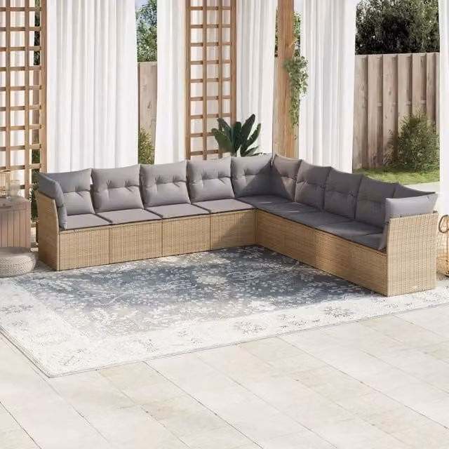 Set Divano da Giardino a L VIDAXL in Polyrattan Beige con 9 Cuscini
