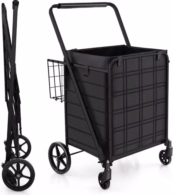 Carrello della spesa pieghevole da 126L con rivestimento impermeabile in poliestere e struttura in metallo, portata 150kg, Nero – 1