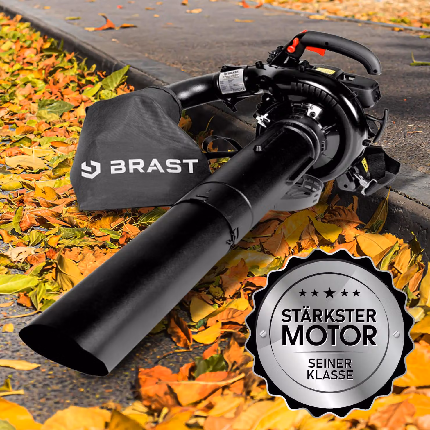 BRAST Aspiratore/soffiatore per foglie a benzina 1,0 kW (1,36 CV) | Sacco di raccolta da 55 l | Incl. 2 tubi di soffiaggio, tracolla e impugnatura antivibrazioni | Funzione 4 in 1 | Velocità di soffiaggio 73 m/s