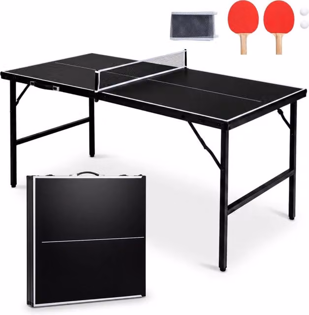 Tavolo da ping pong pieghevole rettangolare nero e bianco con rete, 2 racchette e palline – 1