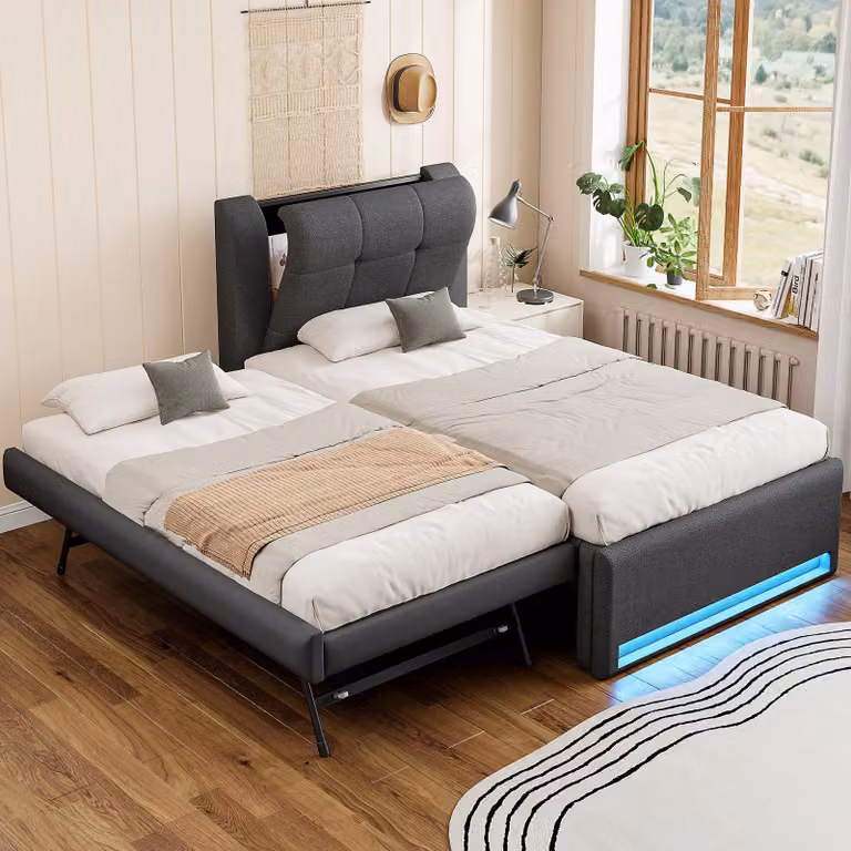 Letto imbottito 90x200 cm con letto estraibile regolabile in due altezze, illuminazione LED con 7 colori, testiera con spazio contenitore, realizzato in MDF/compensato, colore grigio